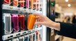 © Chromiq - Person's hand selecting a bright orange soda can from a refrigerated vending machine stocked with various drinks.