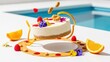© Kamal - Artistic white cheesecake floating above a decorative plate with orange slices, raspberries, and edible flowers, pool background
