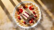 © AnjumanAra - Gourmet slice of layered berry cheesecake or cake on a white plate, garnished with fresh strawberries, cherries, and granola, dramatically presented with dry ice smoke effect from below
