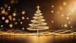 © AMZi StudiO - Golden glowing christmas tree with sparkling light trails and bokeh on dark background, festive holiday celebration digital illustration