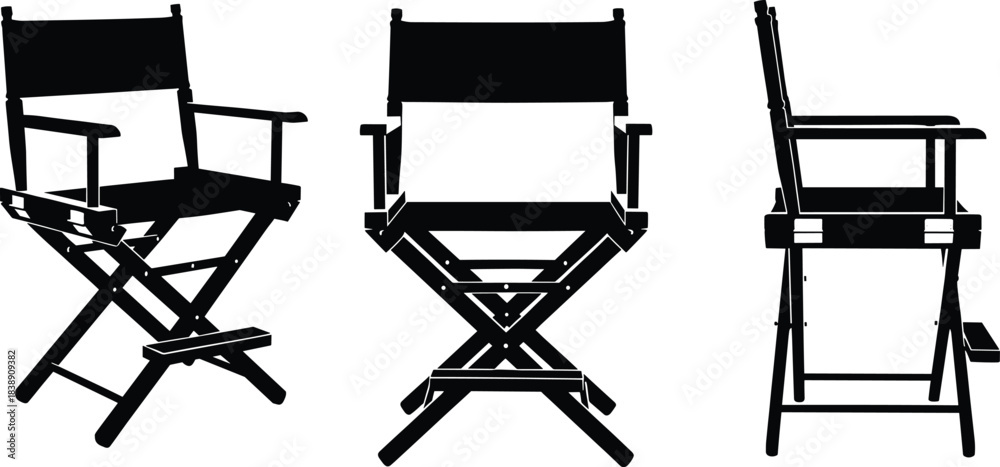Black silhouette vector set of director’s chairs shown from multiple ...