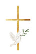 © Evgeniia - Gold cross with a white dove holding olive branch, wings extended, watercolor style, symbolizing faith, hope, and peace, religious event, sympathy card, church announcement, or Easter design project.