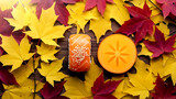 Overhead flat lay, Japanese autumn of a scattered composition yellow and red maple leaves surrounding a salmon sushi, with a single persimmon slice 