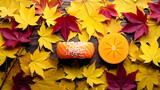Overhead flat lay, Japanese autumn of a scattered composition yellow and red maple leaves surrounding a salmon sushi, with a single persimmon slice 