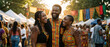 © OlgaNeuroArt - Happy African American friends celebrating unity at an outdoor cultural festival. Group of Black people wearing traditional Kente print clothing