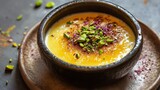 creme brulee dessert served in a rustic ceramic bowl, topped with caramelized sugar, crushed pistachios