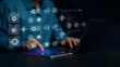 © Antony Weerut - AI automation workflow diagram, artificial intelligence software interface nodes triggers data tool dashboard coding icon flow process technology. Ai agent and process flow on digital code background.