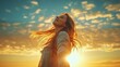 © Alexander LW - A free and happy woman enjoying nature. Concept of freedom. A beautiful girl above the sky and sun. Sunbeams. Joyful