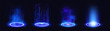 © klyaksun - Magic portal podium with neon light rings and hologram effect on dark background. Futuristic teleport with blue glow and energy beams. Digital magic circle with radiant aura and cyber tech design.