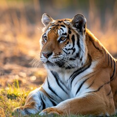  Majestic tiger resting peacefully in golden hour light with a focused gaze symbolizing strength and the beauty of wildlife in its natural ha
