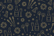 © chrupka - seamless New Year Eve golden pattern with champagne bottle, glasses, fireworks, sparklers, party hat and stars- vector illustration