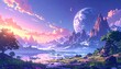 © Rono - Serene fantasy landscape with a large planet in the sky, mountains, and lake under pastel-colored clouds
