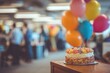 © Audrey - Colorful birthday party in workplace with cake, balloons, and blurred coworkers enjoying event in background. High quality