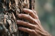 © SUPHANSA - a person s hand gently touching the clean, textured bark of an old cedar tree, focus on tactile sensation, grounding, soft focus, cinematic, high key,