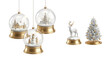 © David - Beautiful collection of white and gold Christmas decorations featuring hanging snow globes with winter scenes, a reindeer figurine, and a festive tree in an elegant, magical style