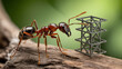 © MstAngor - Intricate macro photography captures a curious ant observing a miniature architectural lattice structure on textured wood in nature