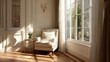 © fotofabrika - Bright room with a chair and plant near a window during daylight hours in a cozy setting