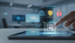 © newlifestock - Cyber protection concept with digital security icons and finger interacting on tablet screen representing cyber warfare defense