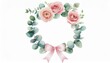 © Stephen - Top center ribbon bow paired with watercolor rose clusters forming a soft frame around edges, airy composition, sweet valentine style
