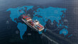 © APchanel - Aerial top view containers ship cargo business commercial logistic and transportation international import export by container freight cargo ship in the open seaport show ocean network on map