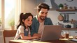 © Gofox - A smiling father with a daughter in casual attire using laptop in kitchen interior. Family connection and parenting in home setting.