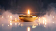 ©  Stock_Image - Golden diya lamp with a bright flame illuminating a smoky reflective surface with bokeh lights