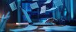 © petrrgoskov - Dynamic scene of flying paperwork around a laptop as a person works, illustrating office stress, deadlines, digital workflow and chaotic document management in a modern workspace.