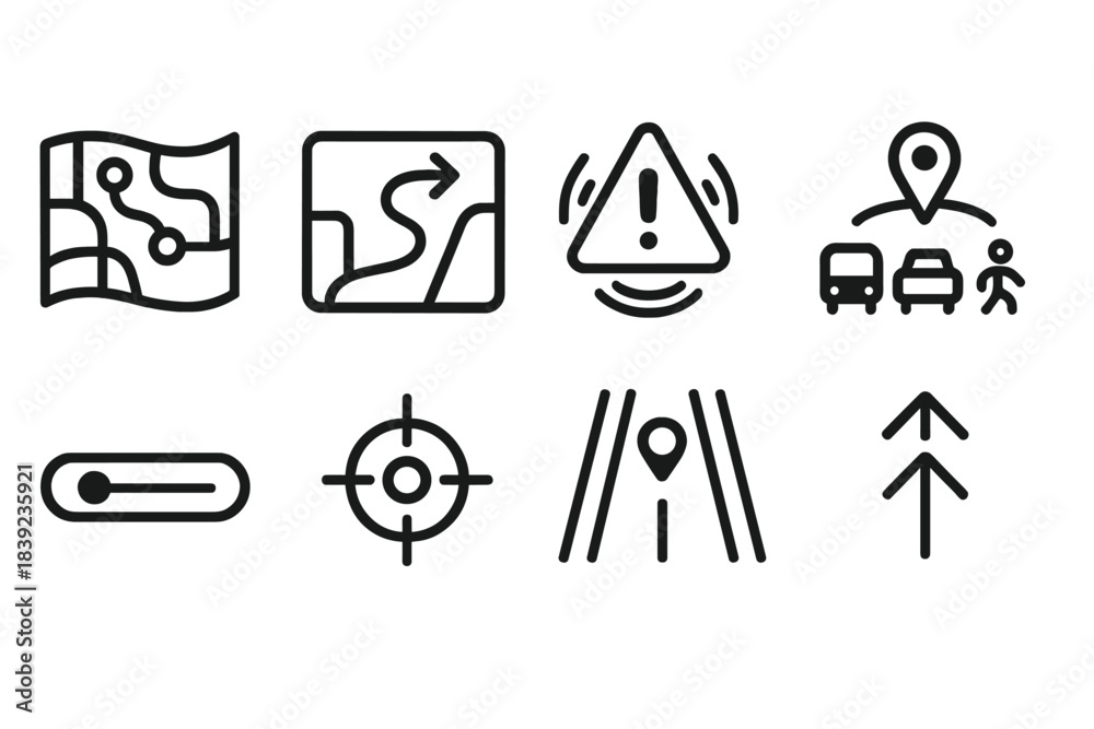 Gps Rerouting Sign Advanced Navigation Icons. Next-Gen Guidance Tech linear set: sensor ...
