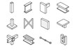 © Crank - Structural Icons Outline. Structural Framework Components linear set: vertical column, steel beam, core wall, girder span, footing base, lateral brace, diaphragm panel, cantilever