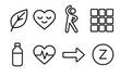 © Crank - Wellness Icon Grid. Healthy Balance linear set: wellness leaf, calm heart, stretching figure, organized grid, hydration bottle, steady pulse, focus arrow, relaxation bubble.