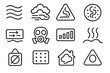 © Crank - Air Quality Alert Icons. Smoke Risk Indicators linear set: smoky air band, thick haze icon, hazard triangle, airborne particle icon, vent circulation arrow, protective mask sign,