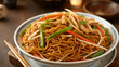 © Кирилл  - A close-up photograph of freshly prepared chow mein noodles served in a traditional white ceramic bowl with blue trim. The golden-brown wheat noodles are perfectly stir-fried and mixed with vibrant ju