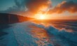 © Farid - Dramatic ocean sunset with waves crashing on a rugged cliff coastline view