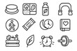 © kamila - Holistic Health Icons. Holistic Health Routine linear set: meditation cushion, clean meal prep box, herbal infusion bottle, resistance tube, outdoor walk symbol, healthy snack bar,