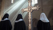 © photo for everything - Sunlight streams into a serene cathedral, illuminating three nuns in prayer before a cross, highlighting faith, devotion, and spiritual reflection. Serenity reigns.