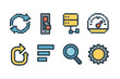 © peppastocker - System Resilience Icons. System Resilience Tools pixel style set: redundancy loop, failover switch, backup node, uptime meter, recovery path arrow, stability bar, diagnostic lens,