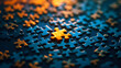 © Alina Tymofieieva - Bright yellow puzzle piece stands out among dark blue pieces in a jigsaw collection on a flat surface
