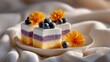 © Anna - A blueberry-adorned sunflower rests atop a white plate, accompanied by a delectable piece of cake