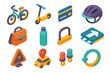 © peppastocker - Urban Transport Icons. City Transport Essentials flat isometric set: bike tile, scooter node, transit card bar, protective helmet ring, commuter bag patch, water bottle stripe,
