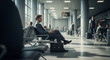 © ณภัทร วงค์มาวิวัฒน์ - Business Traveler at Airport Terminal: A sophisticated business traveler sits composed in a modern airport terminal, patiently awaiting his flight.