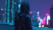 © vlntn - Armed Figure Overlooks Neon City Skyline