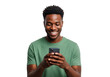 © sujon1638 - A smiling young black man wearing a green t shirt holding a smartphone and looking at the screen with joy isolated on transparent background