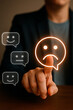 © Creative mind - A man choosing the sad face icon for the concept of Customer experience.