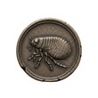 © Happy Carrot - Ancient round metallic medallion features a detailed flea in relief, showcasing its segmented body and legs with a textured, aged bronze finish under even studio lighting