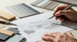 © R freelance  - Interior Design Sketch with Material Samples and Neutral Color Palette