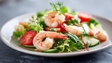 Cooked pink crustaceans top a fresh green salad with sliced vegetables served on a plate