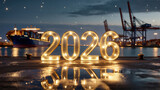 Glowing 2026 sign by harbor with cargo ship and cranes at night.