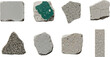 © PNG Creative - Collection of textured concrete fragments one with peeling green paint and another showing fine cracks rough construction