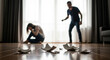 © abu - A distraught woman sits crying on the floor beside shattered ceramic pieces, while a furious man gestures wildly in the background, highlighting domestic conflict and despair near window.