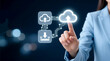 © Zucide - Cloud computing technology interface with businesswoman touching glowing data storage icons. Digital network infrastructure for online backup services and global information transfer. corporate